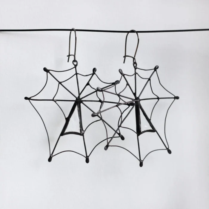Spider web earrings, gothic Halloween stained glass jewelry by Artkvarta